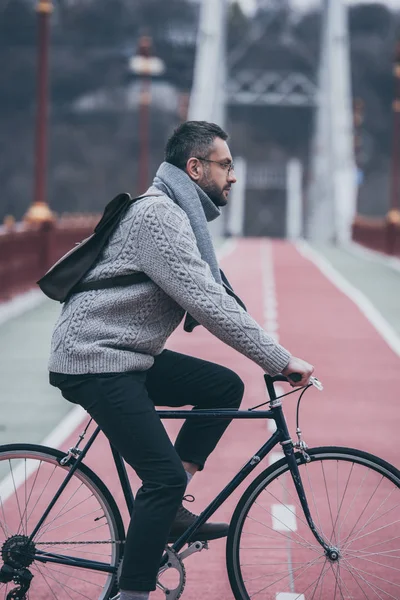 Vista Lateral Homem Adulto Bonito Andar Bicicleta Ponte Pedonal — Fotografia de Stock