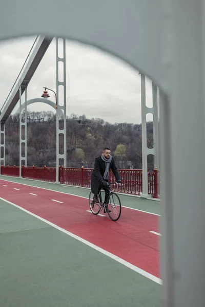 孤独的成人人骑自行车在步行桥上 — 免费的图库照片