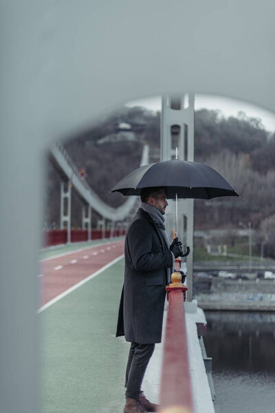 Вид сбоку красивого взрослого мужчины с пупсом, стоящего на мосту
