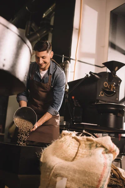 Coffee Roaster Pouring Coffee Beans Roasting Machine — Stock Photo, Image