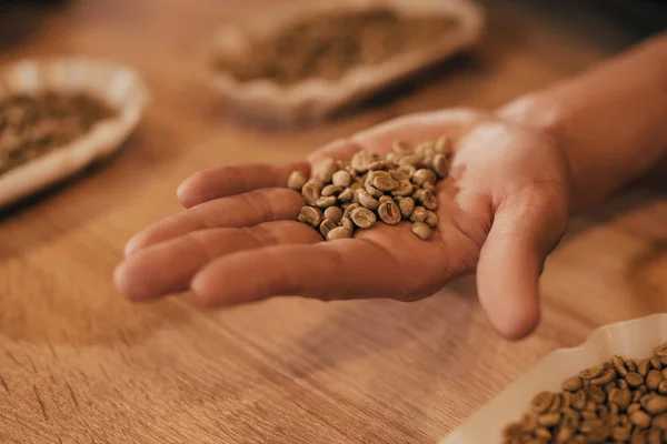 Selective Focus Man Holding Coffee Beans Hand — Stock Photo, Image