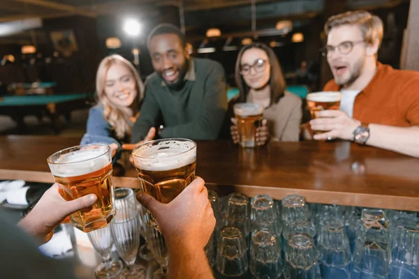 Cropped Image Barman Giving Beer Multiculture Company Friends — Stock Photo, Image