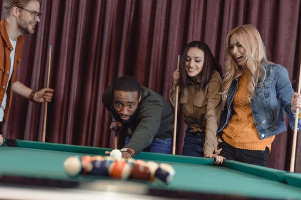 African American Man Playing Pool Bar Friends — Stock Photo, Image