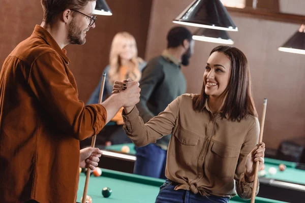 Young Attractive Man Woman Holding Hands Pool Bar Friends — Stock Photo, Image