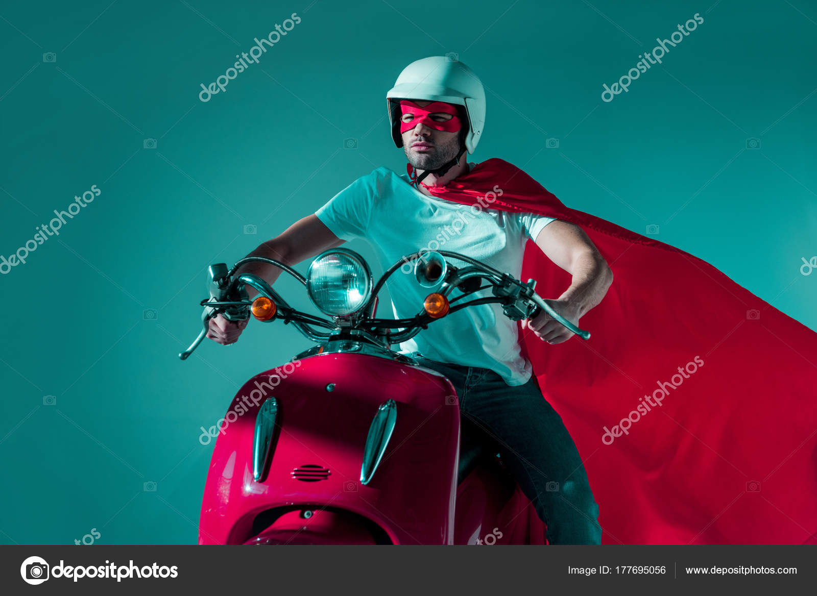 Portrait Man Protective Helmet Superhero Mask Cape Riding Red Scooter