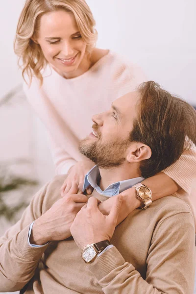 Smiling Wife Hugging Husband Wheelchair Back Bedroom — Stock Photo, Image
