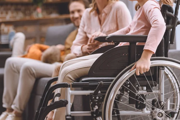 Cropped Shot Mother Daughter Wheelchair Holding Hands Home — Stock Photo, Image