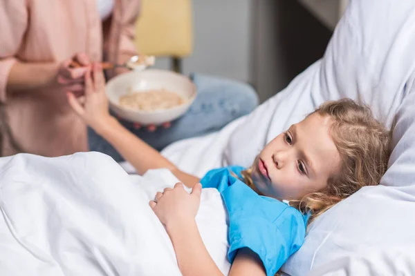 Cropped Image Sick Kid Rejecting Food Mother — Stock Photo, Image