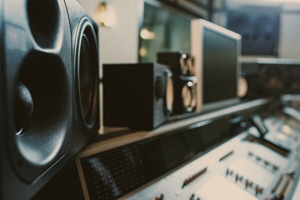 close-up shot of dynamic monitors at recording studio