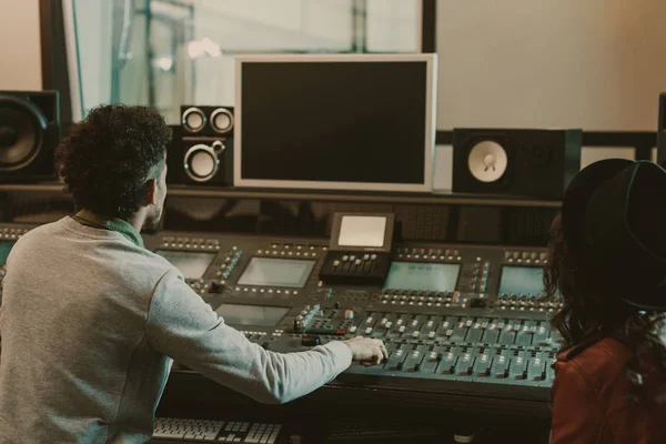 Sound Producers Looking Blank Monitor Recording Studio — Stock Photo, Image