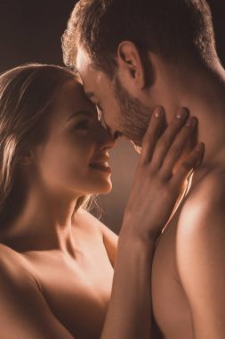gülümseyen ve kucaklayan, kahverengi üzerinde mutlu Çıplak lovers 