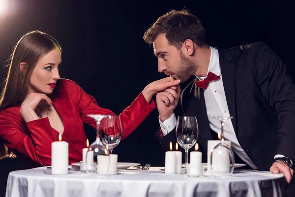 Man Kissing Hand His Girlfriend Romantic Date Restaurant — Stock Photo, Image