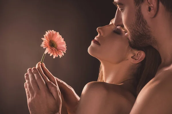 Çiçek Kahverengi Üzerinde Tutarak Çıplak Şehvetli Lovers — Stok fotoğraf