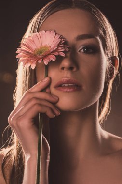 gerbera çiçek, kahverengi üzerinde tutan güzel şehvetli kız