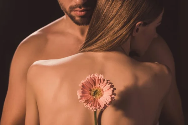 Visão Traseira Amantes Ternos Abraçando Segurando Flor Gerbera Isolado Marrom — Fotografia de Stock