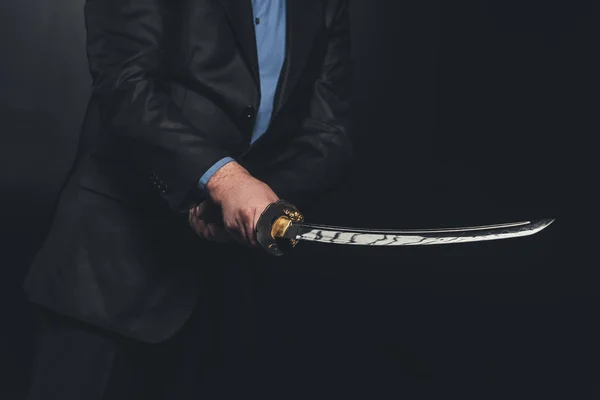 Cropped Shot Man Suit Holding Japanese Katana Sword Black — Stock Photo, Image