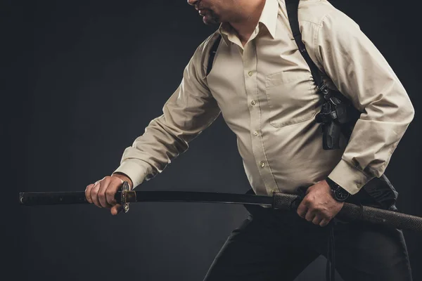 Cropped Shot Yakuza Member Taking Out His Katana Sword — Stock Photo, Image