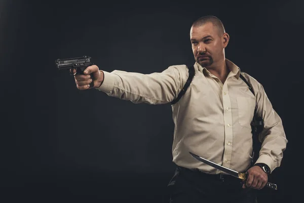 Yakuza Member Aiming Gun While Holding Tanto Knife Isolated Black — Stock Photo, Image