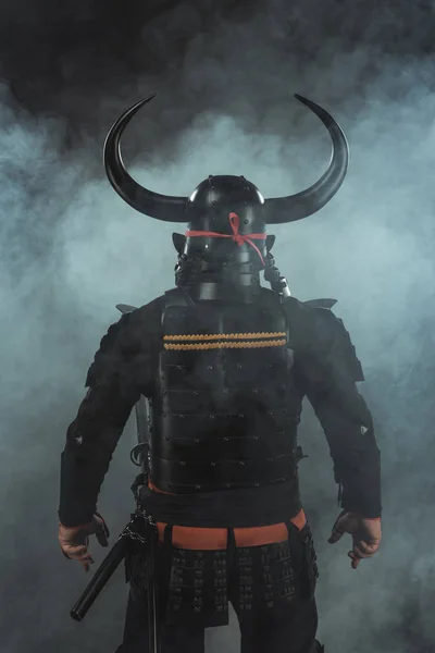 煙で暗い背景に伝統的な鎧と角のある兜の武士の背面します  — 無料ストックフォト