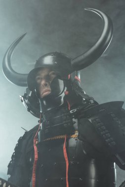 duman ile koyu arka plan üzerinde geleneksel zırh Samurai alttan görünüm