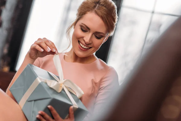 Happy Young Woman Opening Valentines Day Gift — Stock Photo, Image