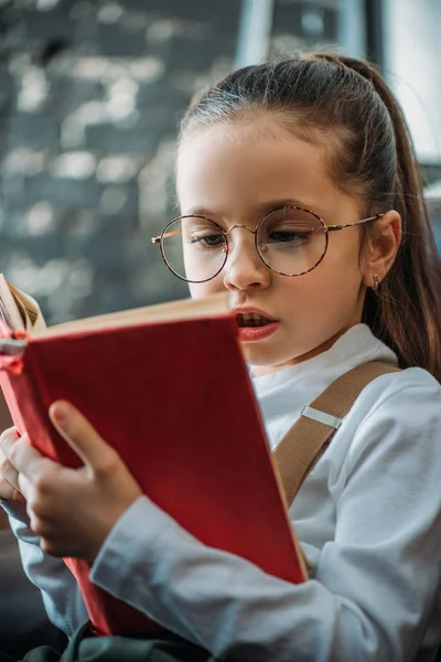 Close Portrait Concentrated Little Child Reading Book — Stock Photo, Image