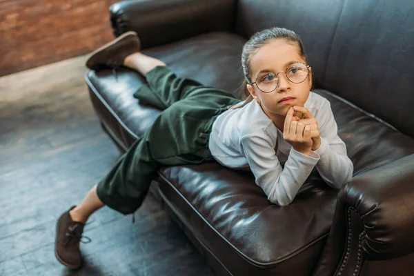 Thoughtful Little Child Relaxing Couch Home — Stock Photo, Image