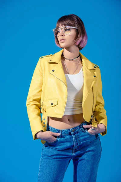Stylish Girl Posing Jeans Leather Jacket Isolated Blue — Stock Photo, Image