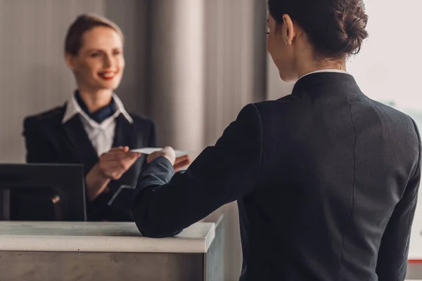 Rear View Businesswoman Giving Ticket Staff Airport Check Counter — Stock Photo, Image