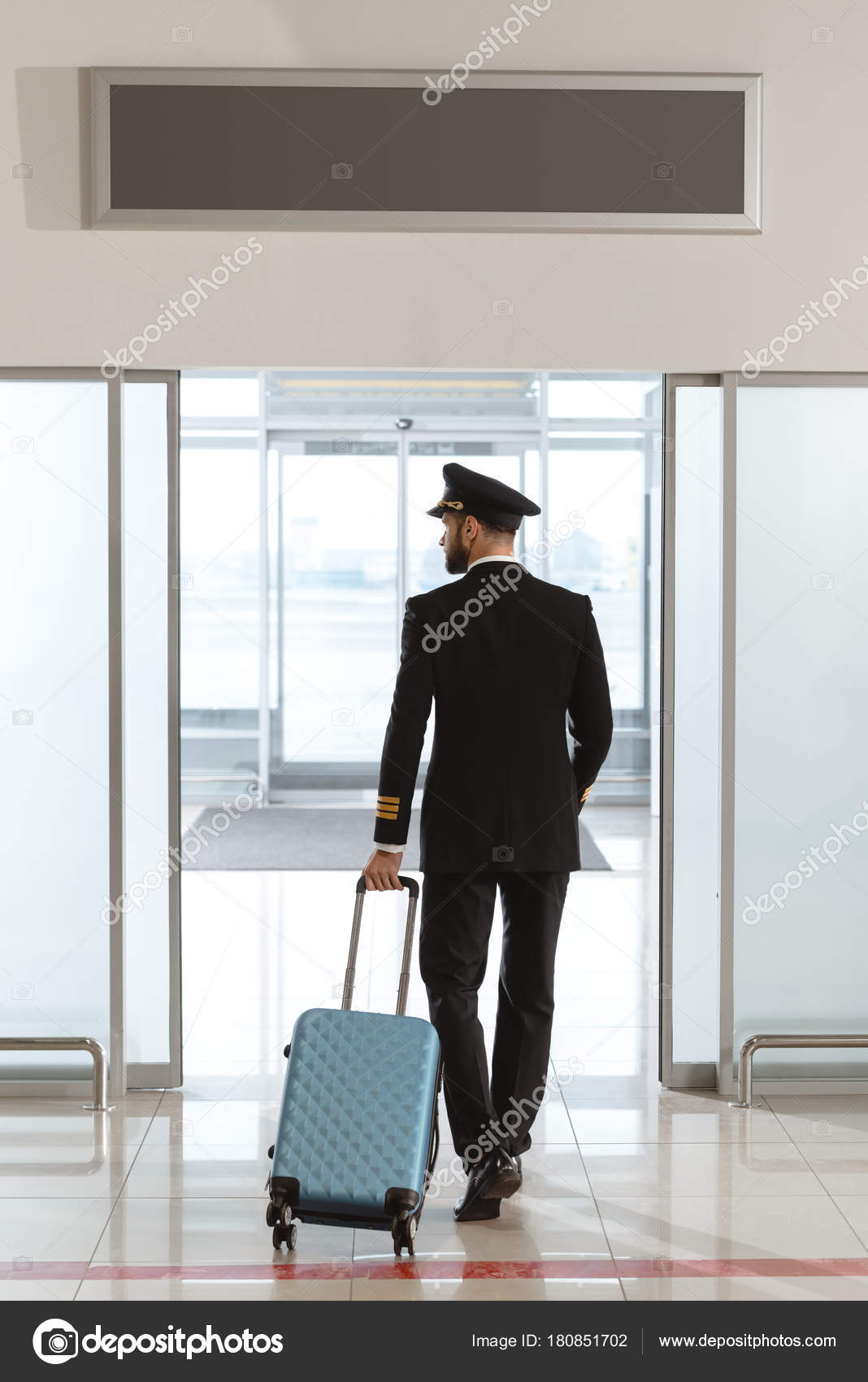 Back View Young Pilot Suitcase Departure Area Stock Photo by