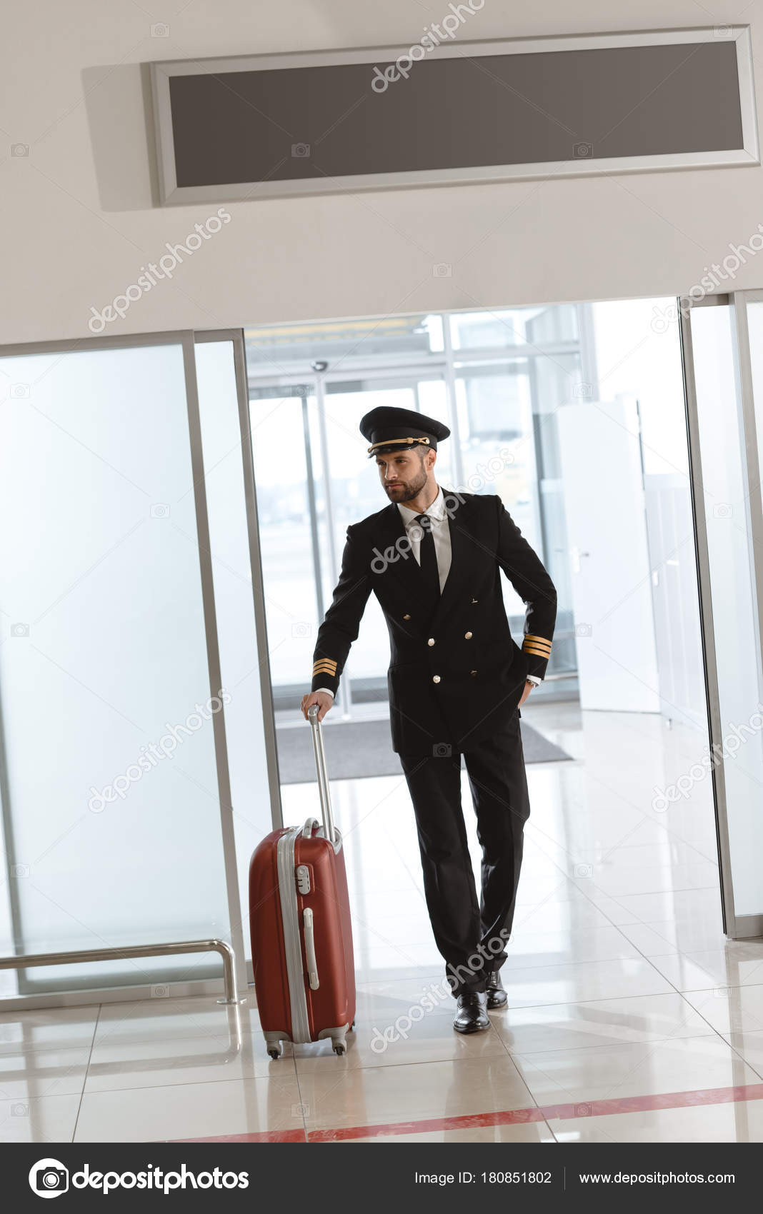 Handsome Young Pilot Suitcase Departure Area Airport — Stock