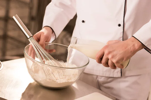 Partial View Confectioner Adding Milk Dough Restaurant Kitchen — Stock Photo, Image