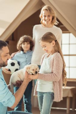beautiful young family with labrador puppy in front of cardboard house clipart
