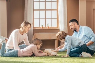 karton evin bahçesinde üzerinde şirin köpek yavrusu ile mutlu bir genç aile