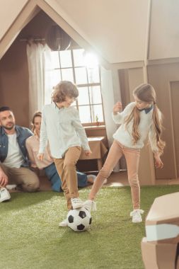 onlara bakmak veliler ise karton evin bahçesinde futbol oynamaya kardeşler