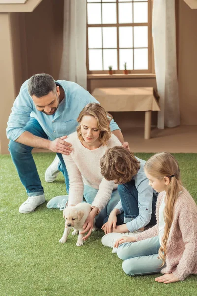 Jovem Família Sentada Quintal Casa Papelão Com Seu Filhote Cachorro — Fotografia de Stock