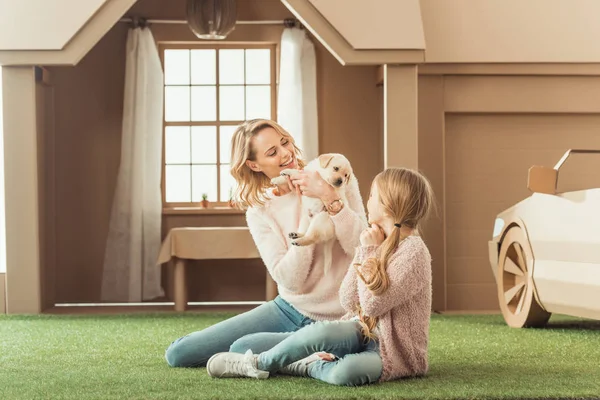 美しい母と娘の段ボールの家の前で愛らしいラブラドール子犬と遊ぶ — ストック写真