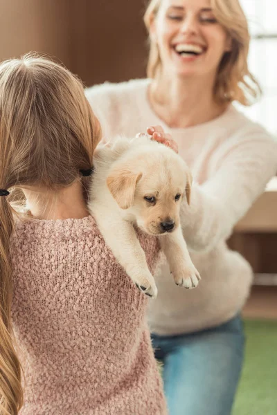 Ibu Dan Anak Yang Bahagia Bermain Dengan Labrador Puppy Yang — Stok Foto