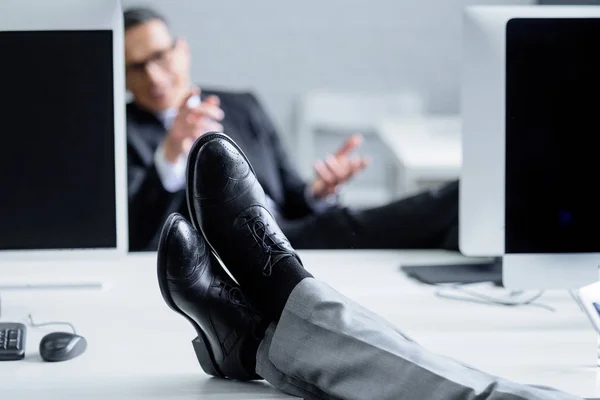 Partial View Businessman Workplace Legs Table — Stock Photo, Image