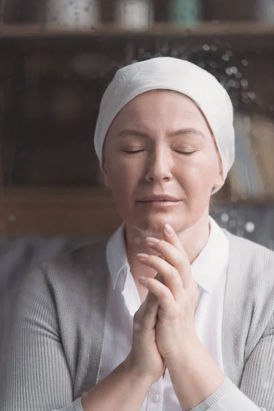 Portrait Sick Mature Woman Kerchief Praying Closed Eyes — Stock Photo, Image