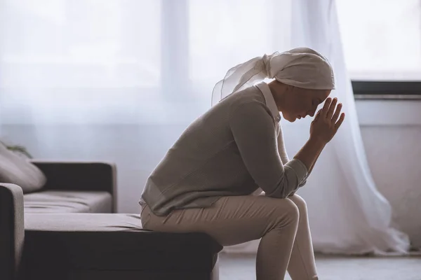 Side View Upset Sick Mature Woman Kerchief Sitting Home Cancer — Stock Photo, Image