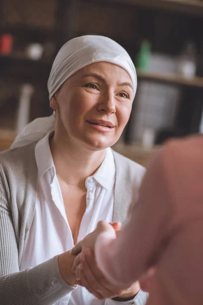 Cropped Shot Kid Sick Mature Woman Kerchief Holding Hands — Stock Photo, Image