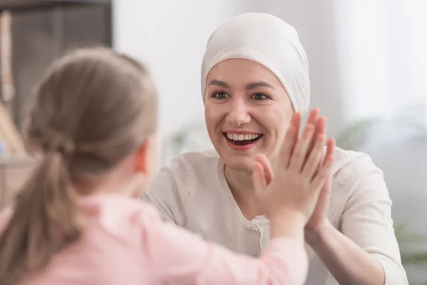 Child Sick Mother Kerchief Holding Hands Smiling Each Other — Stock Photo, Image