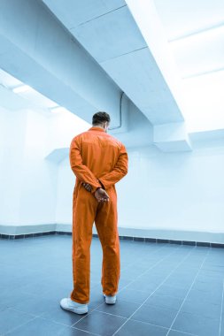 rear view of prisoner in orange uniform standing in prison cell clipart