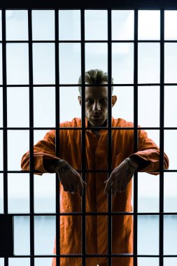 prisoner putting hands between prison bars and looking at camera clipart