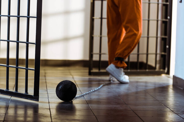 cropped image of prisoner walking in orange uniform with weight tethered to leg