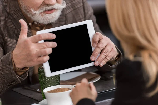 Cropped Shot Senior Businessman Tablet Having Business Meeting Colleague Cafe — Stock Photo, Image