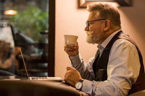老胡子商人的侧面看法与杯子咖啡坐在桌与膝上型电脑在咖啡馆 — 免费的图库照片