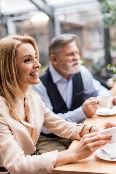 Selective Focus Couple Drinking Coffee Romantic Date Cafe — Stock Photo, Image