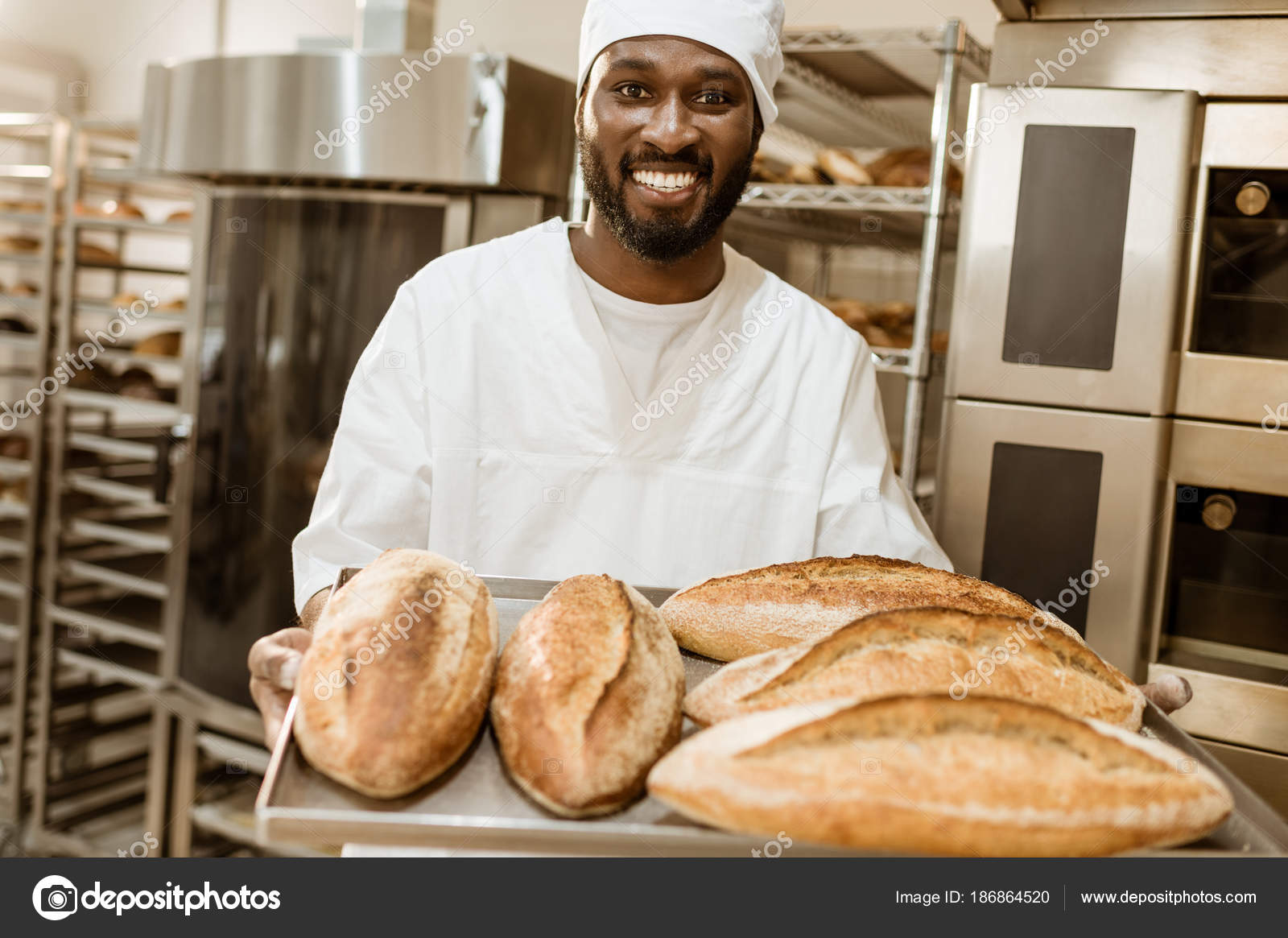 Handsome African American Baker Tray Fresh Loaves Bread Baking